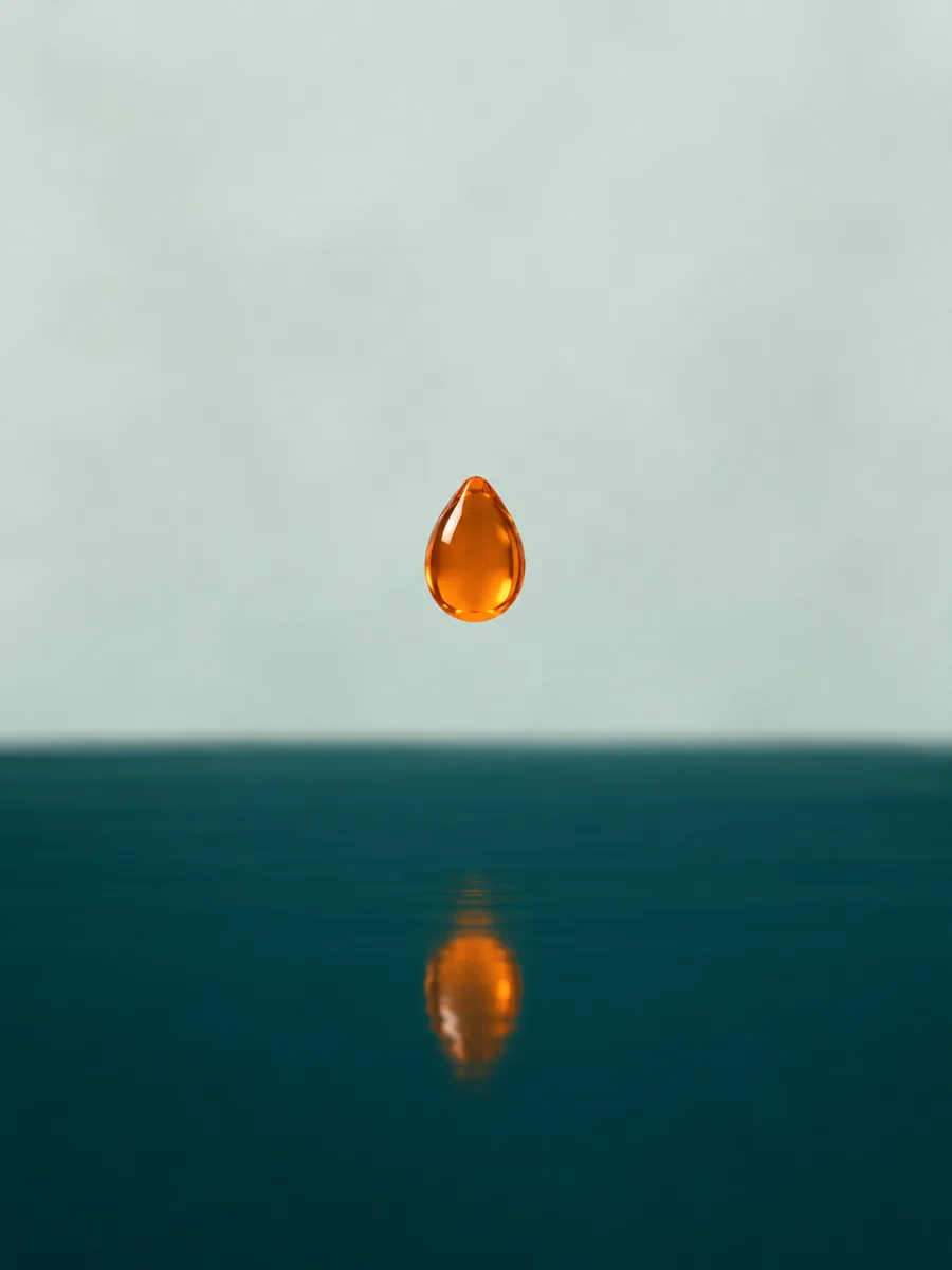 Una goccia arancione sospesa sopra una superficie verde petrolio immobile, riflessa sull'acqua